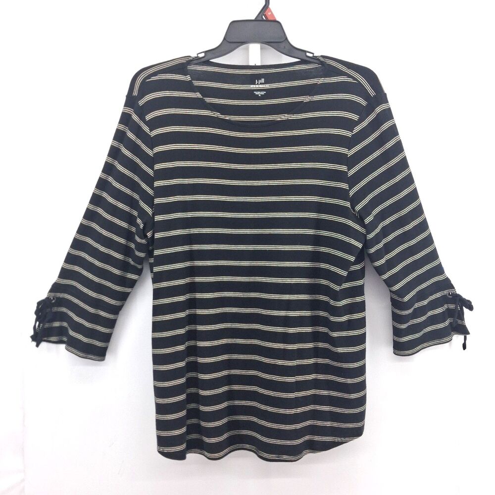 J Jill Shirt Women Size XL Black Gold White Striped Tie Bell Sleeve Casual Top